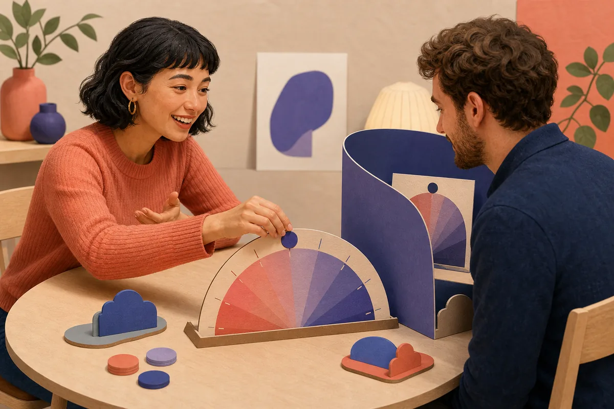 Two players discussing a clue beside a colorful Wavelength spectrum dial in a cooperative game