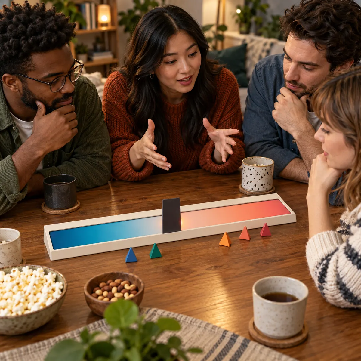 Players discussing a Wavelength clue beside a hidden target spectrum