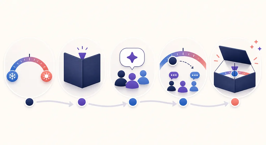 Five-icon flow showing spectrum choice, hidden target, clue discussion, marker placement, and reveal for Wavelength