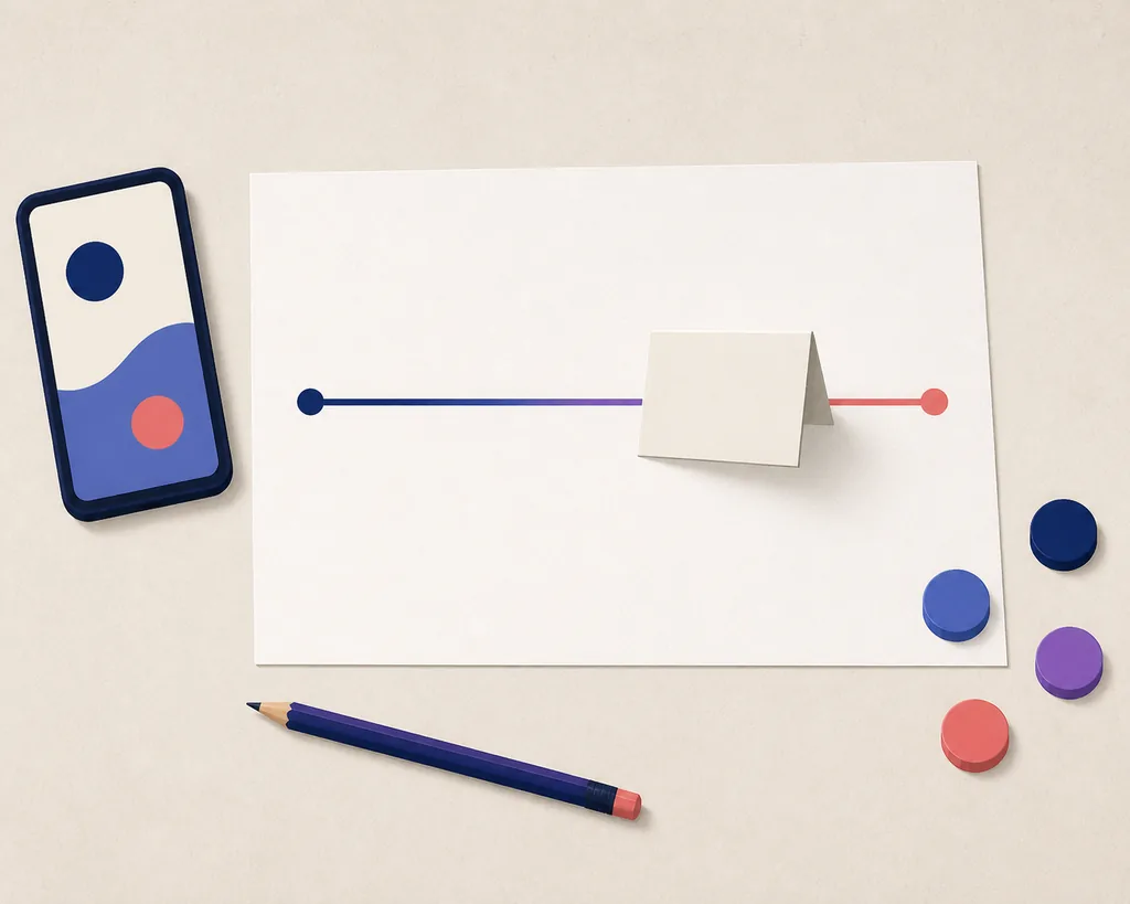 Paper spectrum, folded note, phone, pencil, and tokens arranged for a no-board Wavelength setup