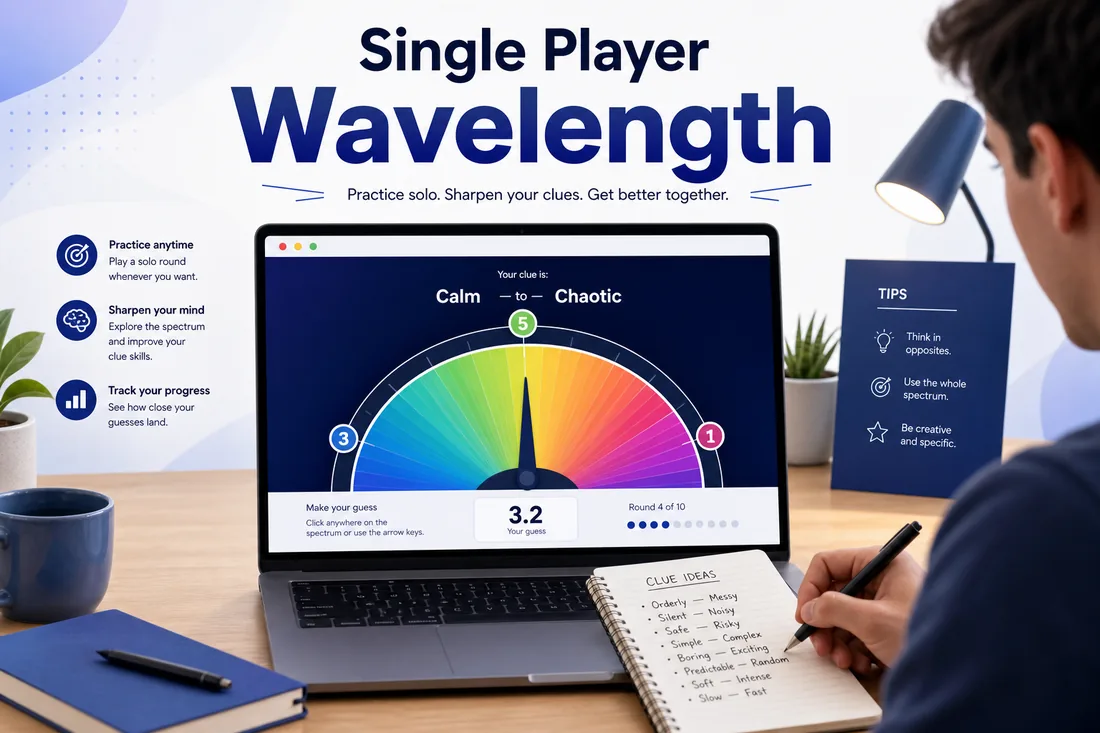 Solo Wavelength practice setup with one player using a browser dial and clue notes