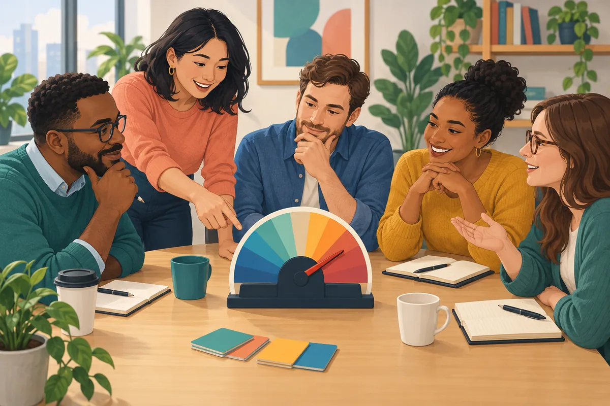 Diverse workplace team discussing a colorful Wavelength spectrum at a table